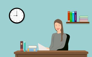 A woman is doing paperwork in an office with a clock and book shelve on the wall.